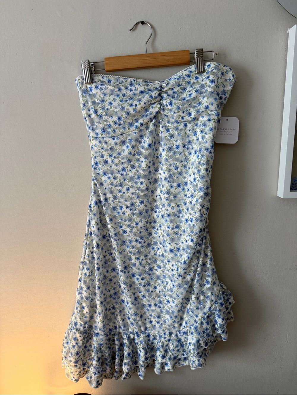 Altar'd State White Floral Strapless Ruffle Dress with Blue Flowers
